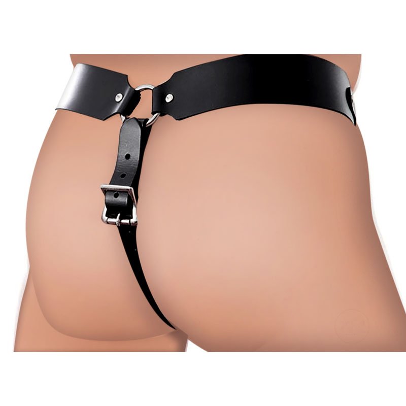 The Safety Net Leather Male Chastity Belt with Anal Plug Harness - Image 3