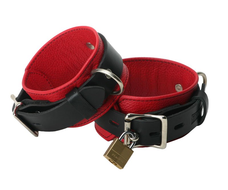 Strict Leather Deluxe Black and Red Locking Wrist Cuffs - Image 2